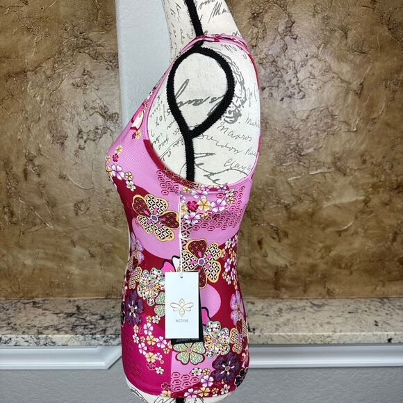 NWT Johnny Was Yama Bee Active Mesh Tank Size XS Pink Maroon Floral Athletic NEW - Picture 3 of 12